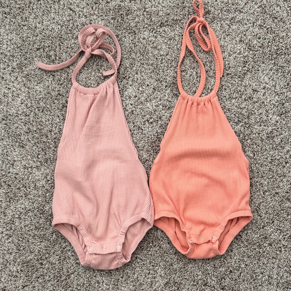 Kids Ribbed Halter One-Piece Bodysuit - Pink & Coral